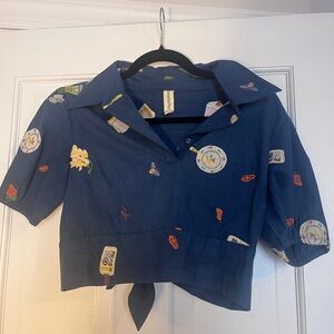 Samantha Pleet Blue Embroidered Crop Top